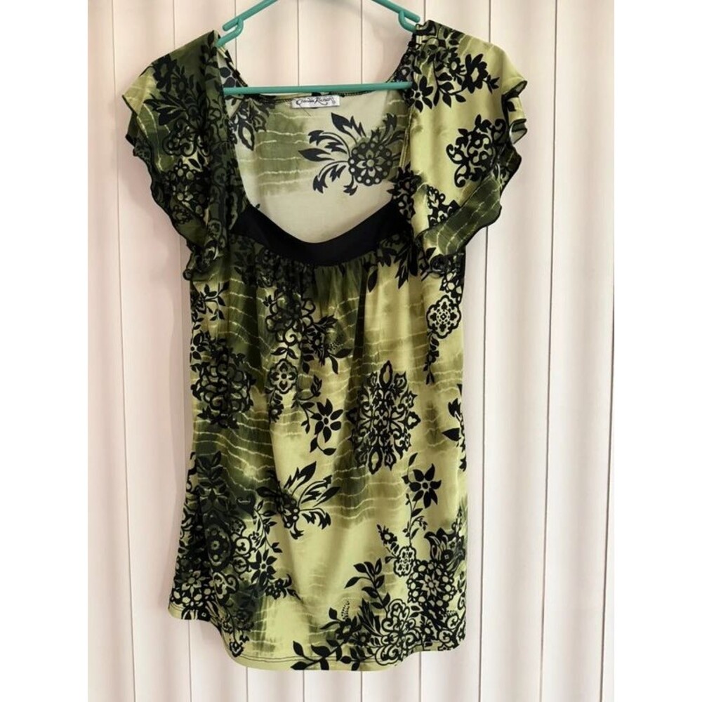 Olive Green and Black Claudia Richard Flutter Sleeve Blouse sz XL